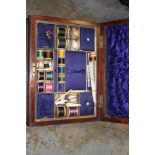 Bird's Eye Maple Sewing box with purple silk lining and contents.