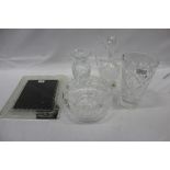 Waterford Crystal glass decanter, photograph frame, fruit bowl, and 2 vases