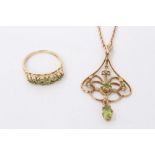 Edwardian gold 9ct peridot and seed pearl open work pendant on chain and similar ring
