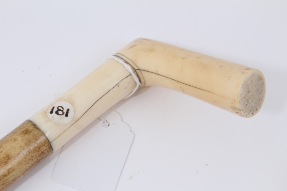 Unusual walking stick with heavy pale wood shaft, white metal collar and turned ivory handle, - Image 3 of 8