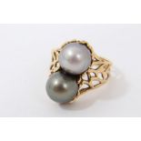 Cultured grey pearl two-stone ring in gold abstract setting