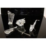 Swarovski Crystal musical instrument ornaments, to include Grand Piano, saxophone, violin and harp