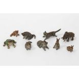 Collection of rare miniature cold painted bronze animals, including a family of four cats, an