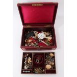 Victorian red leather jewellery box containing antique and later jewellery