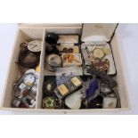 Box of costume jewellery and bijouterie to include Victorian mourning brooch, watches, pair of