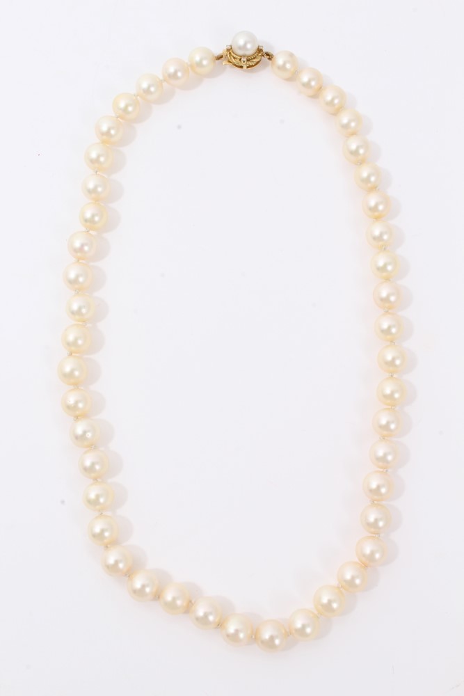 Cultured pearl necklace with a single string of 8mm cultured pearls on 18ct gold clasp. 42cm length.