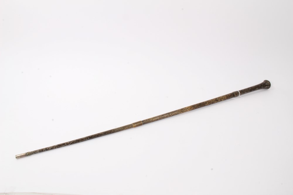 Early 20th century heavy metal walking stick with raised Nielloware style decoration and wiggle - Image 2 of 7