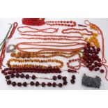Group amber type bead necklaces, simulated cherry amber, vintage coral jewellery, other beads etc
