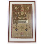 Large 19th century sampler with love heart borders, flowers trees and text. Framed and glazed.