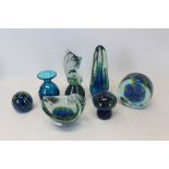 Collection of seven pieces of Mdina glassware, to include vase, paperweights and obelisk (7)