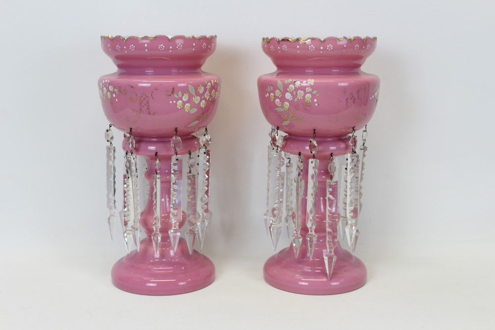 Pair of Victorian pink glass lustres with enamelled floral decoration and prismatic drops, 37cm in - Image 4 of 4