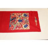 Chinese embroidered silk banner. Flowers and peacocks worked in silk stain stitch with couched