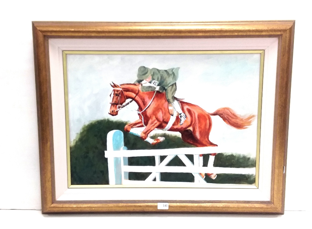 John Fitzgerald Gilt Framed Oil on Canvas ' Jumping the Gate' Dimensions including frame: 88cm x