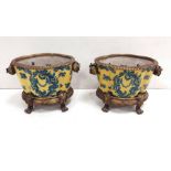 Pair of Hand Painted Porcelain & Brass Jardinieres