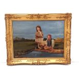 Oil on Board Gilt Framed Girl & Boy Fishing