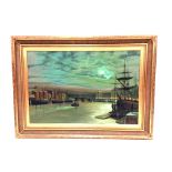 Large Gilt Framed Oil on Canvas Harbour Scene