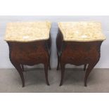 Pair of French Inlaid Kingwood Ormolu Mounted Serpentine Bombe Sided Marble Top Night Stands