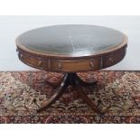 Good Quality Mahogany Leather Top 4 Drawer Drum Table Dimensions: 113cm Diameter 74cm H