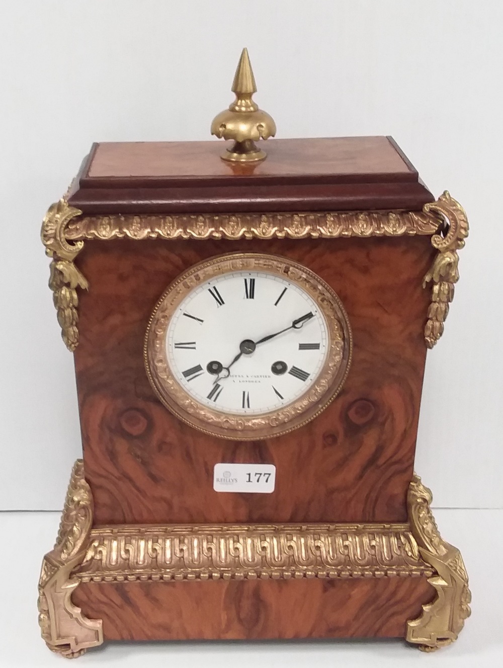 Vict Walnut Ormolu Mount Mantle Clock by Stiffle & Cartier