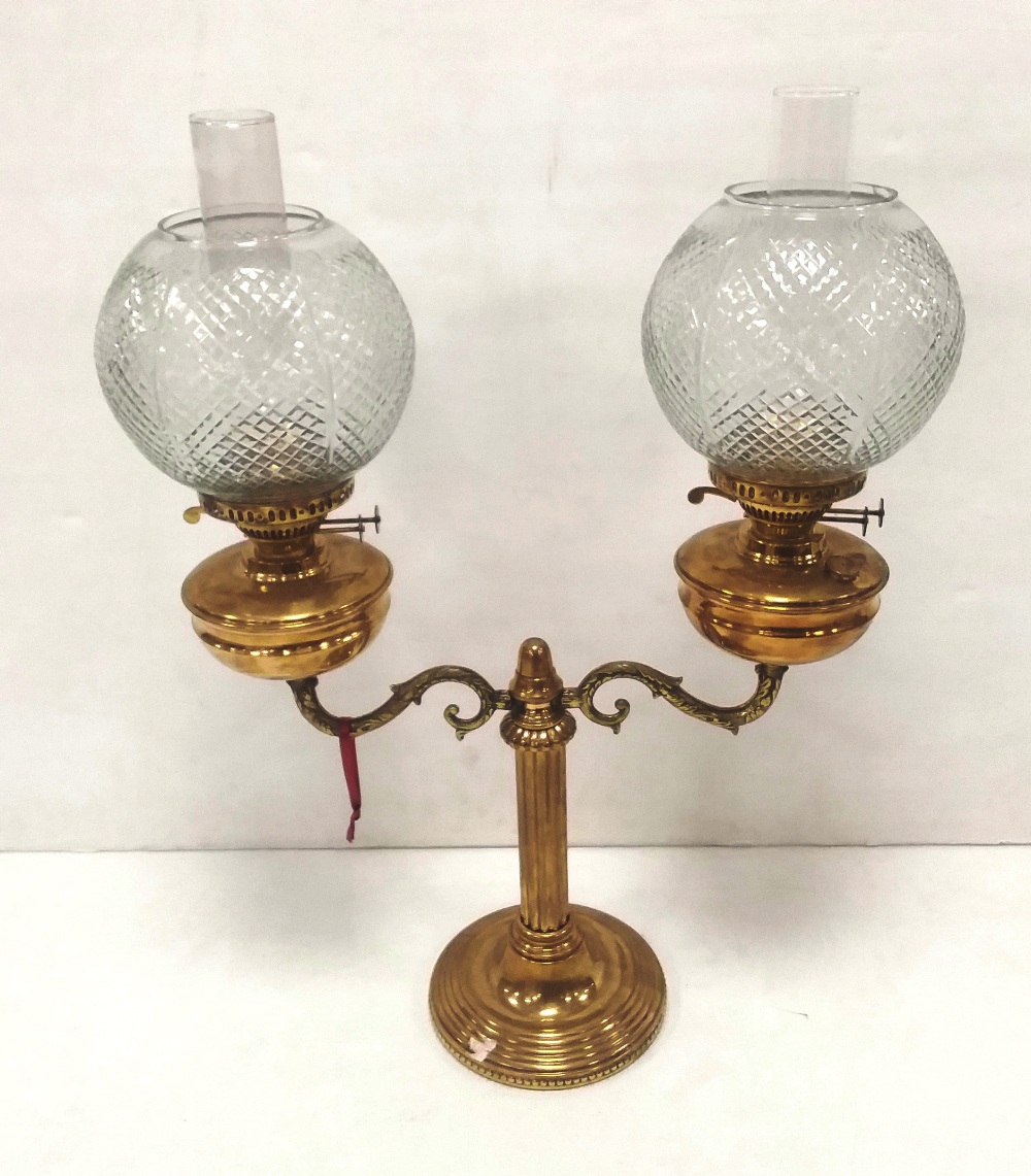 Unusual Vict Brass Twin Arm Oil Lamp