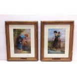 Matching Pair of Watercolours Dated 1878 by Muriel L Fish ( Water Collector & Burden of Love)