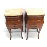Pair of Inlaid Kingwood Bombe Sided Marble Top Night Stands Dimensions: 43cm W 32cm D 76cm H