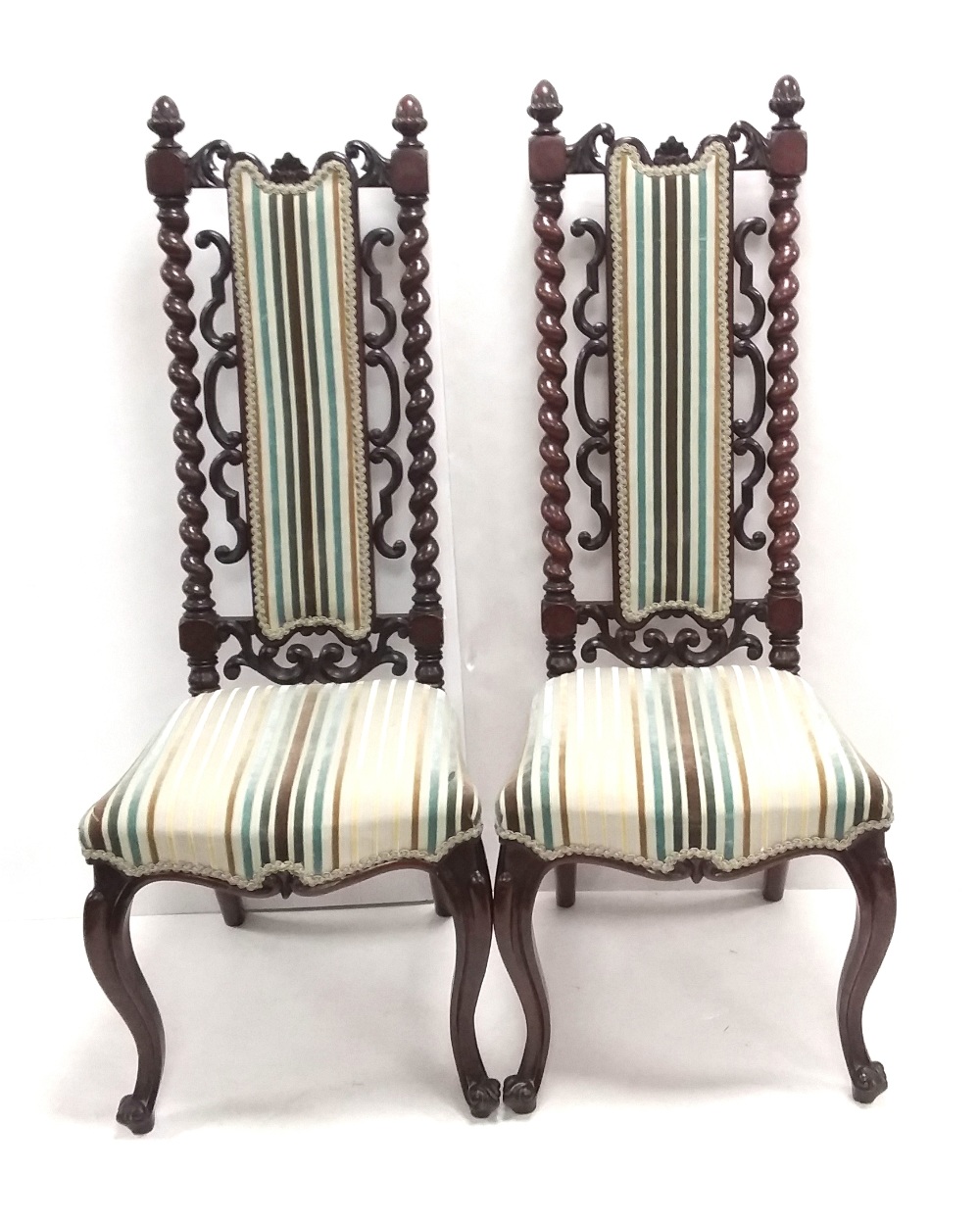 Pair of Unusual Vict Walnut Cabriole Leg High Back Hall Chairs