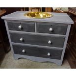 A 36" later painted and adapted washstand chest with hammered brass inset bowl to top, dummy