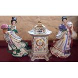 Two Danbury Mint figures, Iris and Rose Princess and a pagoda pattern clock