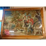 A large 19th Century tapestry panel depicting a hunting scene, in maple frame