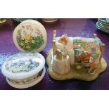 A Brambly Hedge figure group Happy Birthday Wilfred and two lidded pots