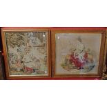 Two maple framed 19th Century needlework pictures, one depicting a girl feeding birds, the other