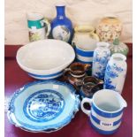 Two Cornish ware jugs and mixing bowl - sold with other ceramics