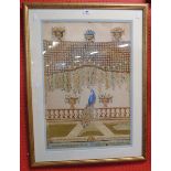 A gilt framed embroidery panel, depicting a peacock on a balustrade with trellis over and urns of