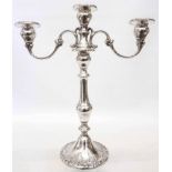 A 12 1/2" Gorham Sterling three branch candelabrum with detachable top section and loaded circular