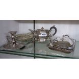 A quantity of silver plated items including cake basket, serving dish, teapot, etc.