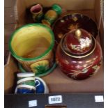 A box containing majolica items, lustre temple jar, etc.