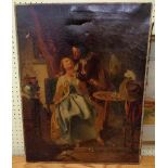 An antique unframed oil on canvas, depicting a couple in an interior - holes, lifting from