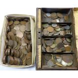 A cash box containing a collection of Great British and foreign coinage - sold with a box of