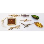 A small collection of assorted brooches including marked 9c dragonfly bar, citrine panel and white