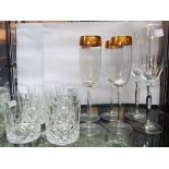 Six cut glass whisky tumblers - sold with four champagne flutes and two others