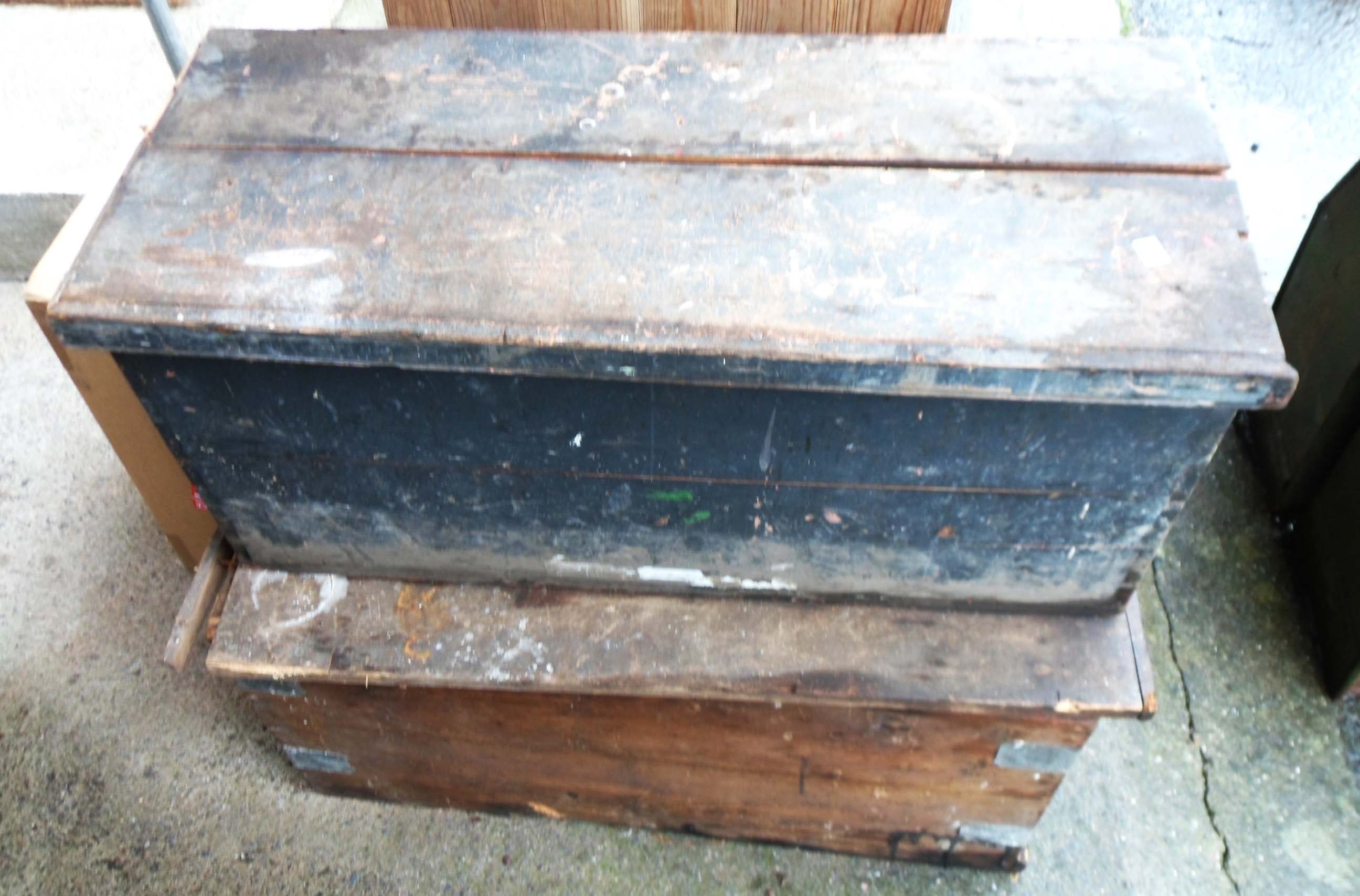 An old stained pine carpenters trunk - sold with another with internal candle box - both a/f