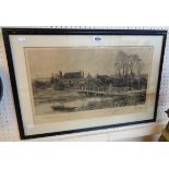 Will Anderson: an ebonised framed etching depicting a boy fishing from a bridge with his mother -