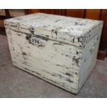 A 27" metal bound painted wood travelling trunk with flanking iron handles and '174' number plaque