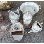 Two galvanised watering cans, a chicken feeder, wash tub and mop bucket