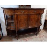 A 5' Edwardian rosewood break bow front sideboard with painted and inlaid decoration, two frieze