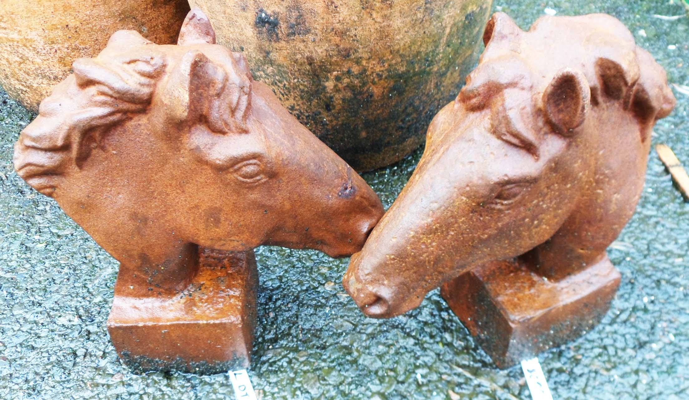 A pair of 12" cast iron horse heads with square plinth bases