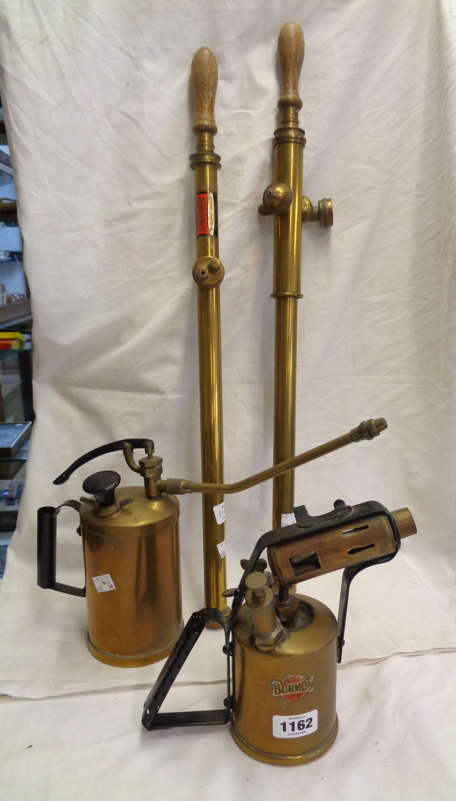 Three brass garden sprayers - sold with a Burmos blow lamp