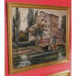 N. Bristow: a gilt framed oil on board view of a watermill beside a bridge - signed and dated Sept