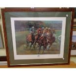 Claire Eva Burton: a framed limited edition coloured horse racing print entitled 'Three From Home' -
